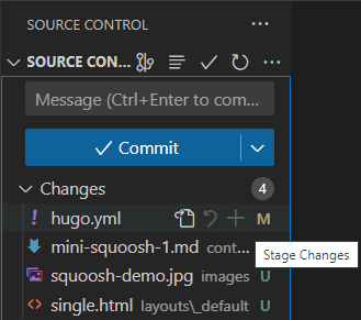 VS Code’s source control panel with files ready to stage where the first file has a greyed out stage and discard button.