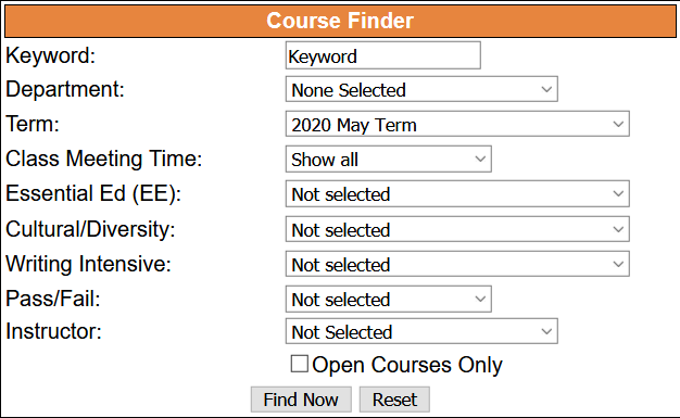 The course search form with fields like department, keyword, class meeting time, term, instructor, Pass/Fail and others.