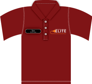 A maroon t-shirt with a name tag on the left lapel and the ELITE logo on the right lapel.