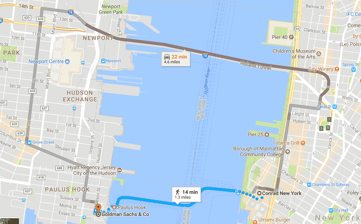 A map showing two sets of directions between the hotel and Goldman Sachs that go over the Hudson river.